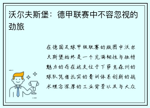 沃尔夫斯堡：德甲联赛中不容忽视的劲旅